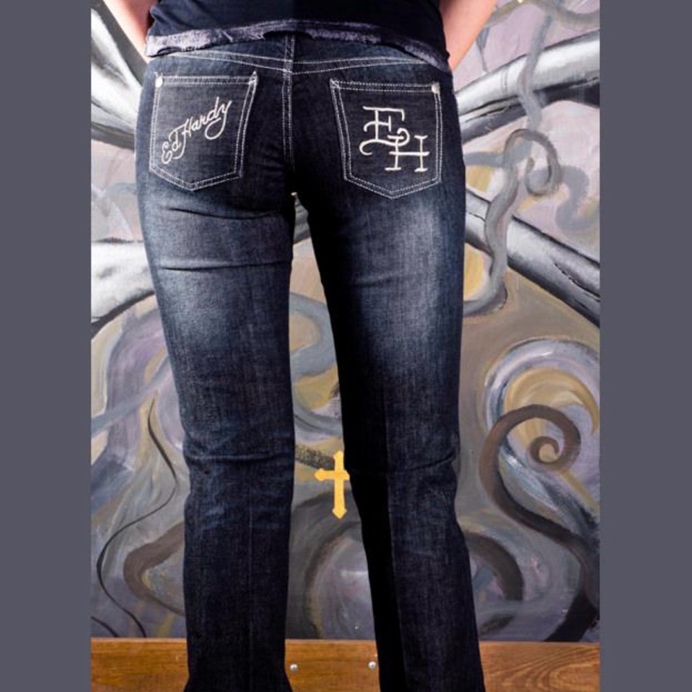 NWOT Y2K Ed Hardy black denim flare jeans with white embroidery #denim